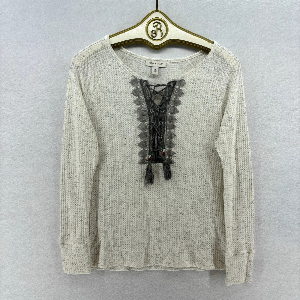 Vintage America Waffle Knit Top Womens Medium Grey Lace Up Boho Thermal Shirt